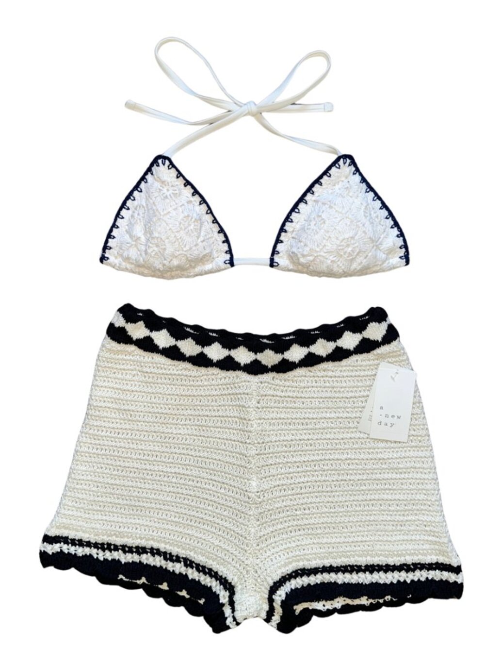 A new day cream crochet knit set top & shorts boho beach resort size XS/S
